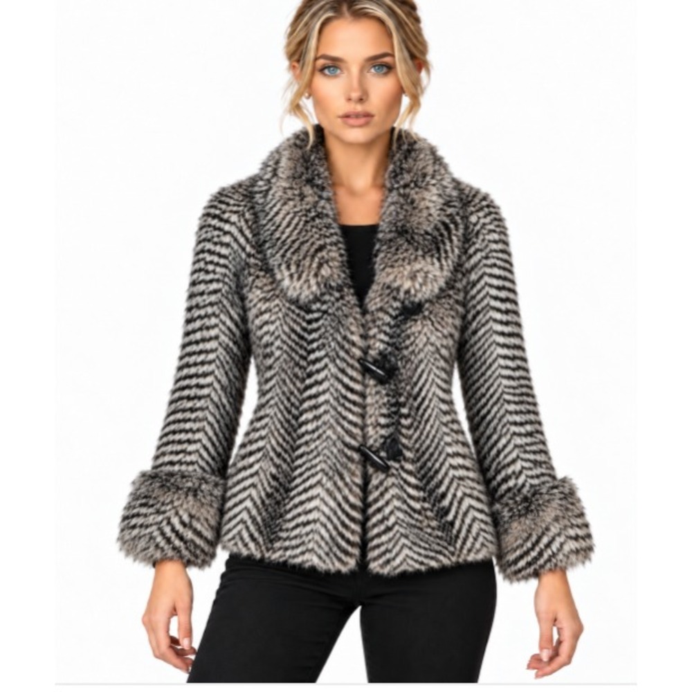 Rachel Zoe Faux Fur Jacket Womens XS Black Gray Chevron Toggle Shawl Collar Coat